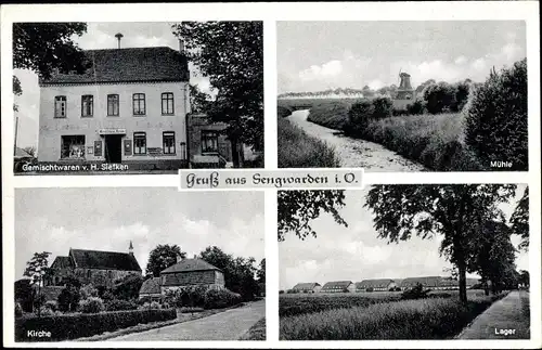 Ak Sengwarden Wilhelmshaven in Niedersachsen, Geschäft H. Siefken, Kirche, Lager, Windmühle