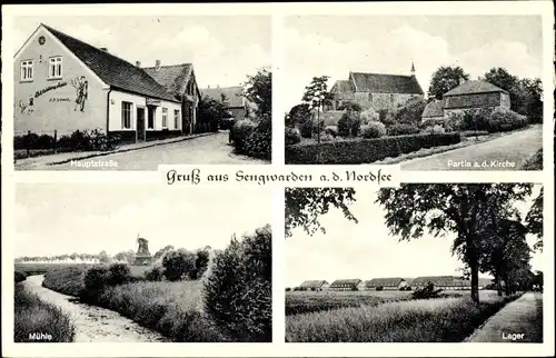 Ak Sengwarden Wilhelmshaven in Niedersachsen, Kirche, Lager, Windmühle, Hauptstraße