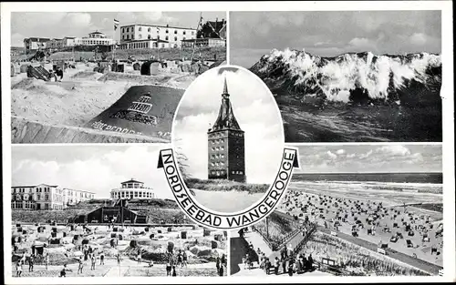 Ak Nordseeebad Wangerooge, Blick auf den neuen Westturm, Sandburgen am Strand