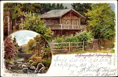 Litho Schwarzburg, Schwarzathal, Brücke, Blick auf das Schweizerhaus 