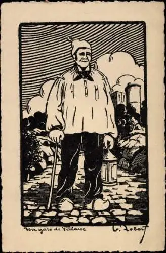 Künstler Ak Falaise Calvados, Mann in Tracht, Handlaterne, Gehstock