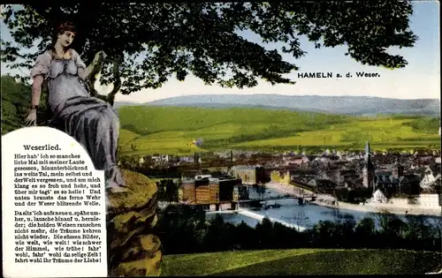 Ak Hameln in Niedersachsen, Weserlied, Frau mit Harfe, Panorama vom Ort