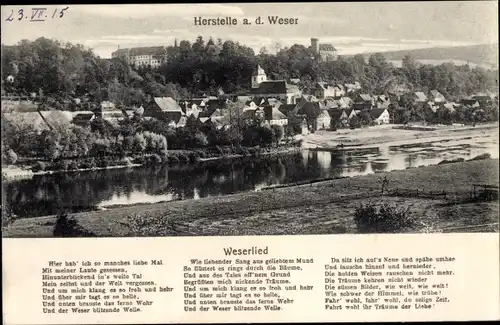 Lied Ak Herstelle Beverungen in Nordrhein Westfalen, Panorama vom Ort, Weserlied
