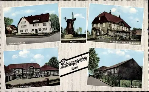 Ak Hoheneggelsen Söhlde in Niedersachsen, Gemeindehaus, Windmühle, Schule, Gasthof Aschemann