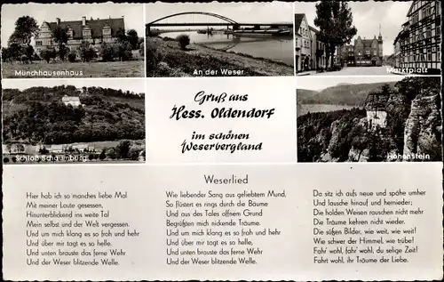 Ak Hessisch Oldendorf an der Weser, Münchhausenhaus, Marktplatz, Schloss Schaumburg, Weserlied