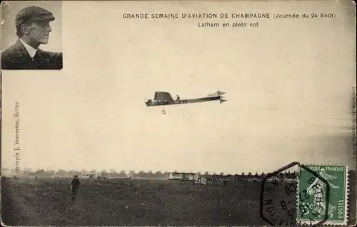 Ak Grande Semaine d'Aviation de Champagne 1909, Aviateur Latham en plein vol