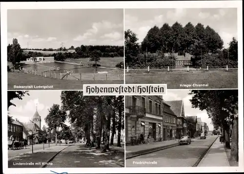 Ak Hohenwestedt in Holstein, Badeanstalt Ludwigslust, Kriegerdenkmal, Lindenstraße, Friedrichstraße