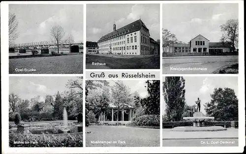 Ak Rüsselsheim am Main Hessen, Rathaus, Kreisjugendwohnheim, Opel Denkmal, Musiktempel im Park