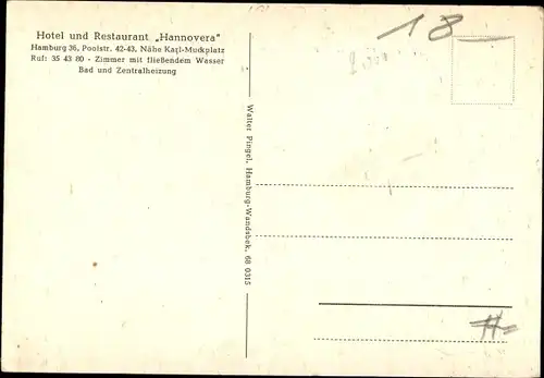 Ak Hamburg Mitte Altstadt, Hotel und Restaurant Hannovera, Aussen- und Innenansicht