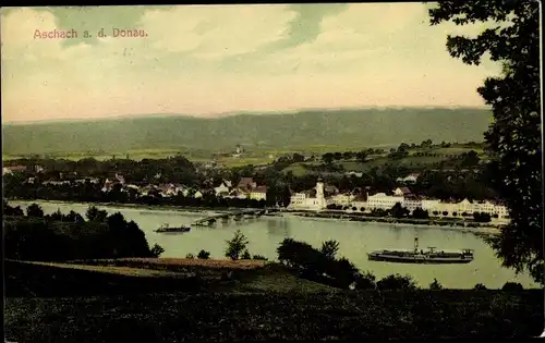 Ak Aschach an der Donau Oberösterreich, Blick auf den Ort, Dampfer