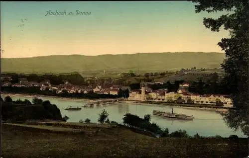 Ak Aschach an der Donau Oberösterreich, Totalansicht, Dampfer