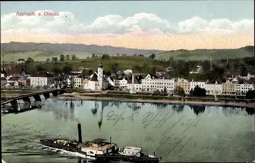 Ak Aschach an der Donau Oberösterreich, Totalansicht, Dampfer