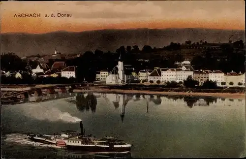 Ak Aschach an der Donau Oberösterreich, Totalansicht, Dampfer, Kirche