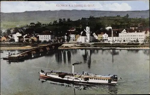 Ak Aschach an der Donau Oberösterreich, Totalansicht, Dampfer, Kirche, Anlegestelle