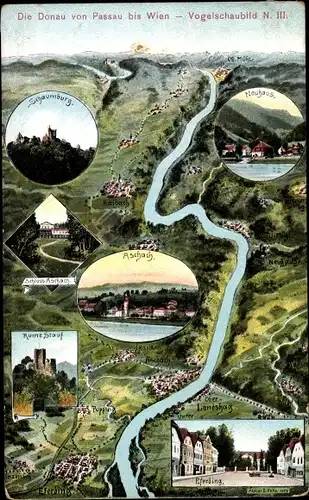 Landkarten Ak Felle, Eugen, Aschach an der Donau in Oberösterreich, Vogelschaubild Nr III., Neuhaus