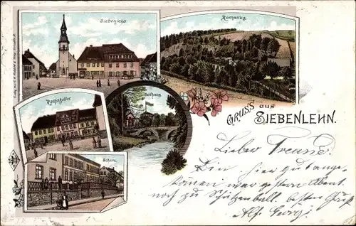 Litho Siebenlehn Großschirma in Sachsen, Romanus, Ratskeller, Schule, Zollhaus