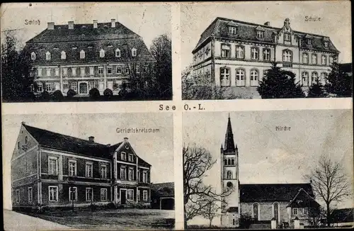 Ak See Niesky in der Oberlausitz, Schloss, Schule, Kirche, Gerichtskretscham