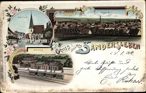 Litho Sandersleben in Anhalt, Marktplatz, Bahnhof, Gesamtansicht