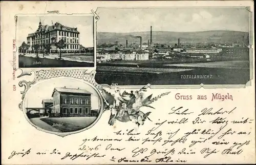 Ak Mügeln Heidenau in Sachsen, Schule, Panorama, Bahnhof