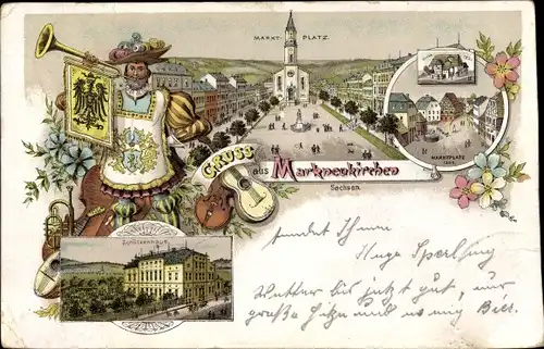 Litho Markneukirchen im Vogtland, Schützenhaus, Marktplatz