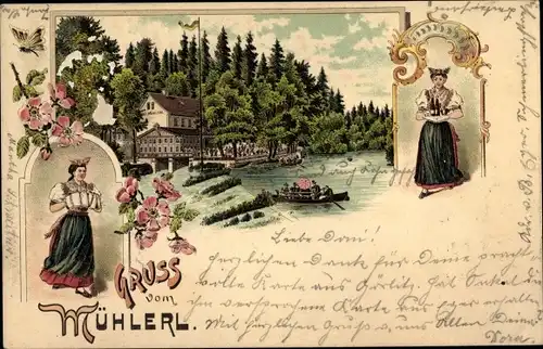 Litho Cheb Eger Reg. Karlsbad, Gruß vom Mühlerl, Waldrestauration