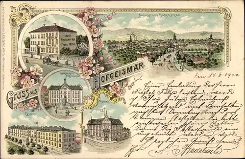 Litho Hofgeismar in Nordhessen, Blick auf den Ort, Rathaus, Hotel Hessischer Hof, Kaserne