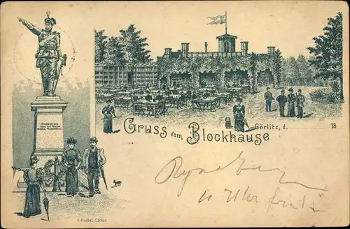 Litho Görlitz in der Lausitz, Gruß vom Blockhaus, Denkmal