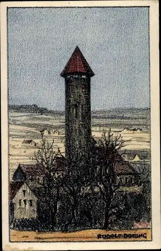 Steindruck Künstler Ak Döring, Rudolf, Auerbach im Vogtland, Blick von Realschule zum Schlossturm