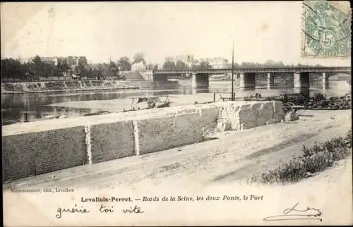 Ak Levallois Perret Hauts de Seine, Bords de la Seine, les deux Ponts, le Port