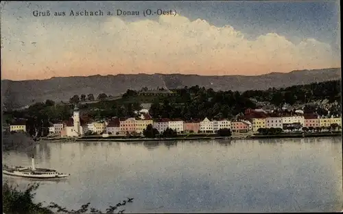 Ak Aschach an der Donau Oberösterreich, Dampfer, Blick auf den Ort