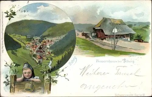 Litho Triberg im Schwarzwald, Talblick, Schwarzwälder Bauernhaus