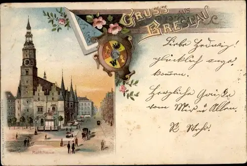 Litho Wrocław Breslau Schlesien, Rathaus, Wappen