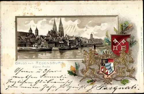 Präge Wappen Litho Regensburg an der Donau Oberpfalz, Stad, eiserne Brücke