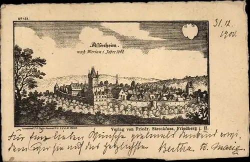 Künstler Ak Assenheim Niddatal Wetteraukreis, Ort nach Merian i. Jahre 1640