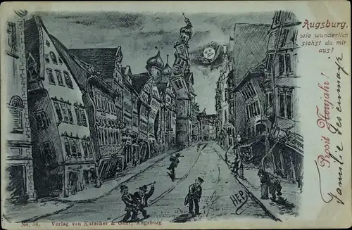 Mondschein Künstler Litho Hep, Augsburg in Schwaben, Augsburg wie wunderlich siehst du mir aus!