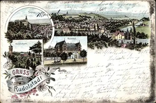 Litho Rudolstadt in Thüringen, Schloss, Marienturm, Rudolsbad