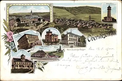 Litho Oberwiesenthal im Erzgebirge, Rathaus, Bahnhof, Kirche, Turm