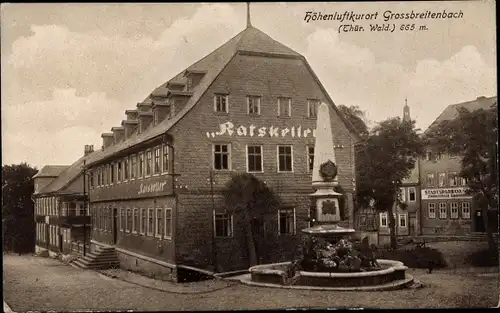 Ak Großbreitenbach in Thüringen, Ratskeller, Denkmal, Bank