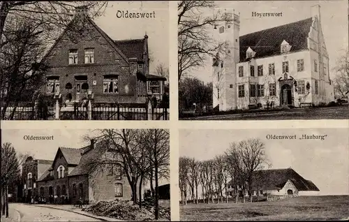 Ak Oldenswort in Nordfriesland, Hoyerswort Schloss, Haubarg, Geschäftshäuser