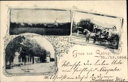 Ak Satrup in Angeln, Pagels Gasthaus, Kutsche, Panorama