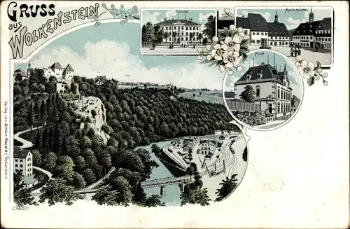 Litho Wolkenstein im Erzgebirge, Marktplatz, Schule, Postamt