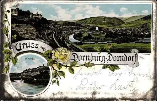 Litho Dornburg Dorndorf Camburg in Thüringen, Gesamtansicht, Schloss