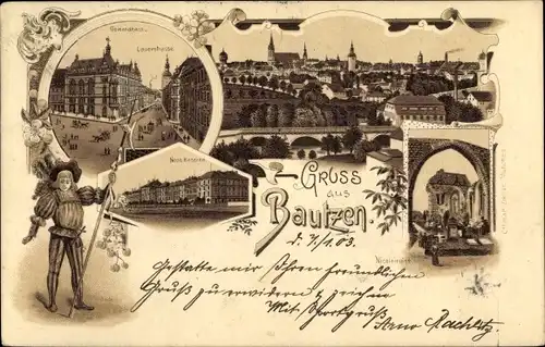 Litho Bautzen in der Oberlausitz, Gewandhaus, Lauenstraße, Neue Kaserne, Nicolairuine