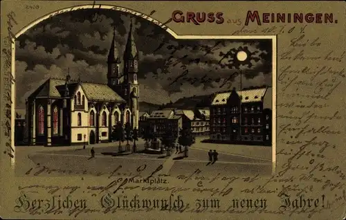 Mondschein Litho Meiningen in Thüringen, Marktplatz