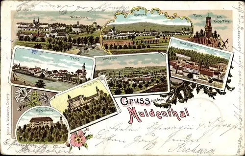 Litho Lunzenau in Sachsen, Muldental, Waldeburg, Amerika, Wolkenburg, Rochsburg, Penig, Rochl. Berg