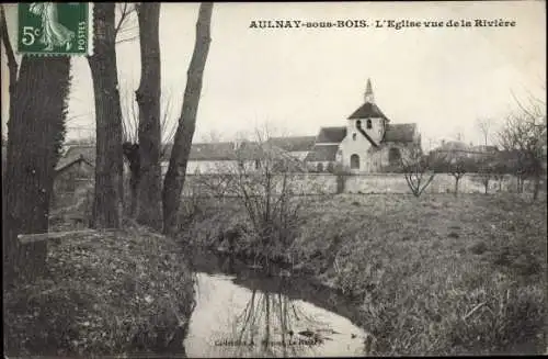 Ak Aulnay sous Bois Seine Saint Denis, L'Eglise vue de la Riviere