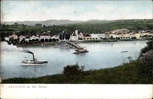 Ak Aschach an der Donau Oberösterreich, Dampfer, Blick auf den Ort, Anlegestelle