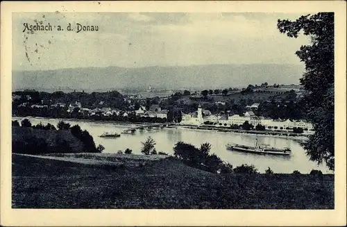 Ak Aschach an der Donau Oberösterreich, Totalansicht der Ortschaft, Dampfer