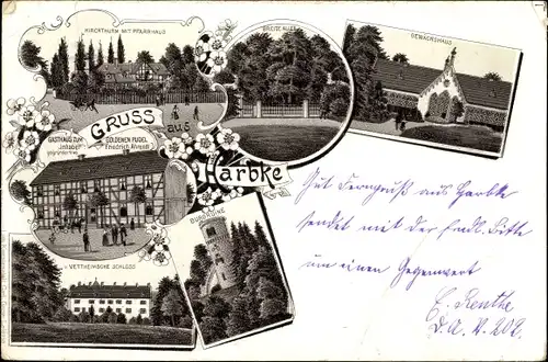 Litho Harbke in Sachsen Anhalt, Gewächshaus, Burgruine, Pfarrhaus, Gasthof zum goldenen Pudel