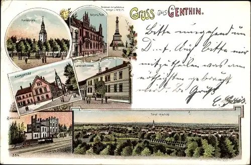 Litho Genthin am Elbe Havel Kanal, Marktplatz, Amtsgericht, Bahnhof, Gleisseite, Post, Landratsamt